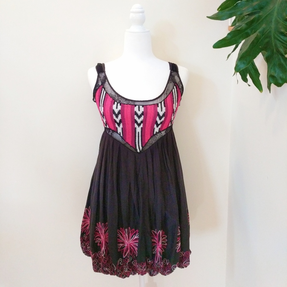 Bebe Tribal Print Black & Pink Embroidered Dress